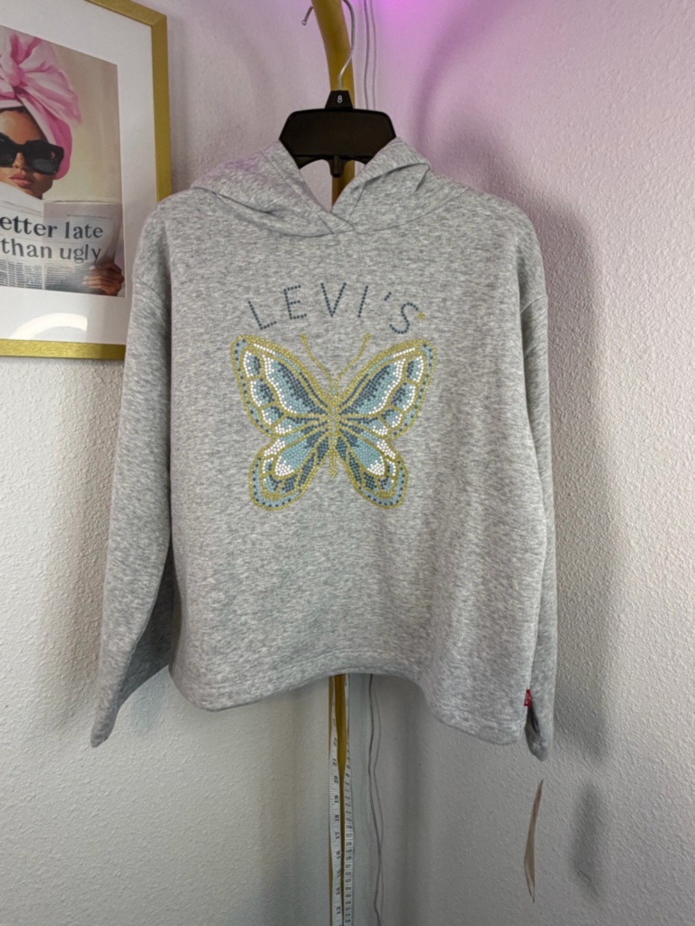 Girls Levi's Light Gray Hoodie with Blue and Gold Butterfly Gemstones MSRP $40